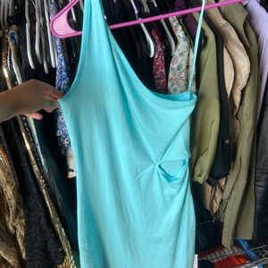 Blue summer dress, open side, sleeveless on one side, never worn